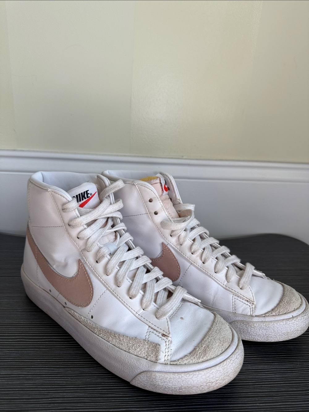 Nike Blazer women’s White High-Top Sneakers with Tan Swoosh size 7.5